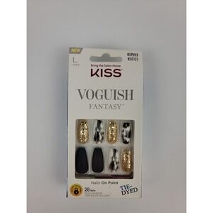KISS Voguish Fantasy Press On Nails Long Coffin Matte Black Gold Glitter KVF01
